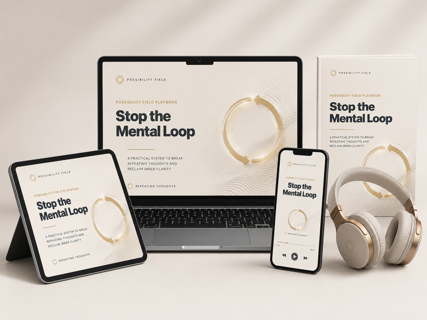 Stop the Mental Loop digital playbook mockup on laptop tablet phone and headset